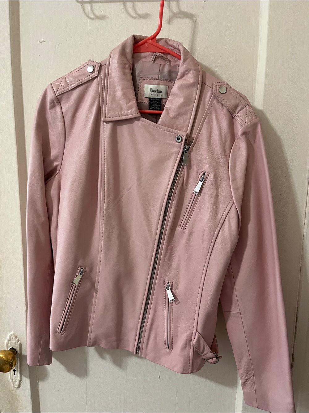 Neiman Marcus Pale Pink Leather Moto Jacket